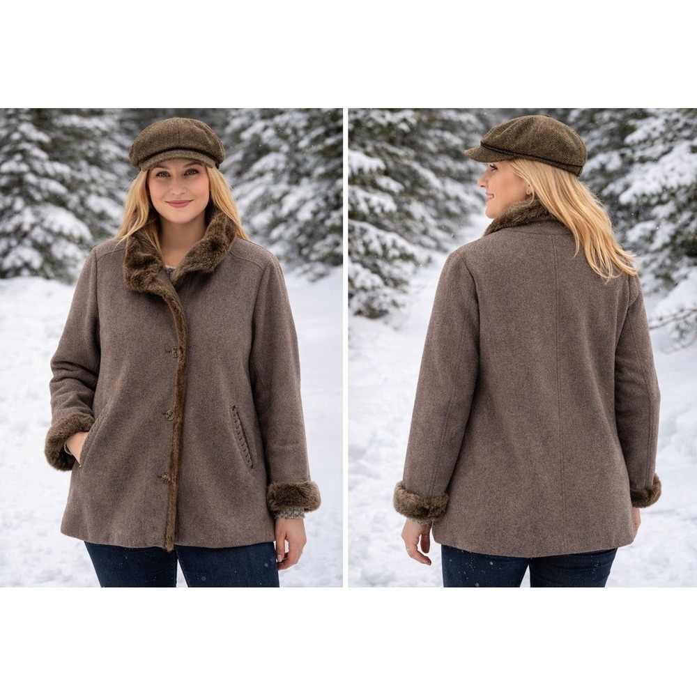J. Jill Brown Wool‎ Blend Faux Fur Trim Coat Petite Large LP Jacket